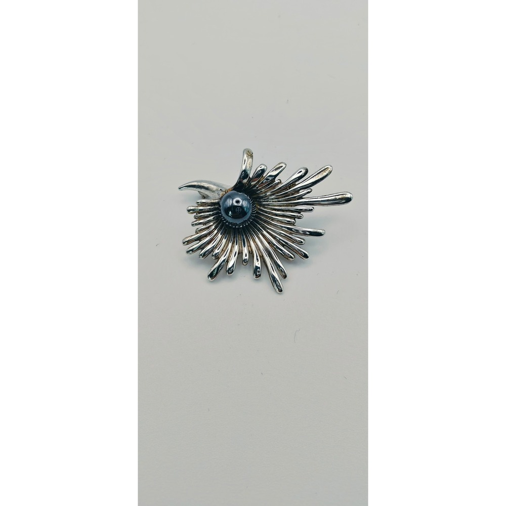 Vintage Artisan Signed 925 Sterling Silver Sunburst Brooch Hematite pearl rare